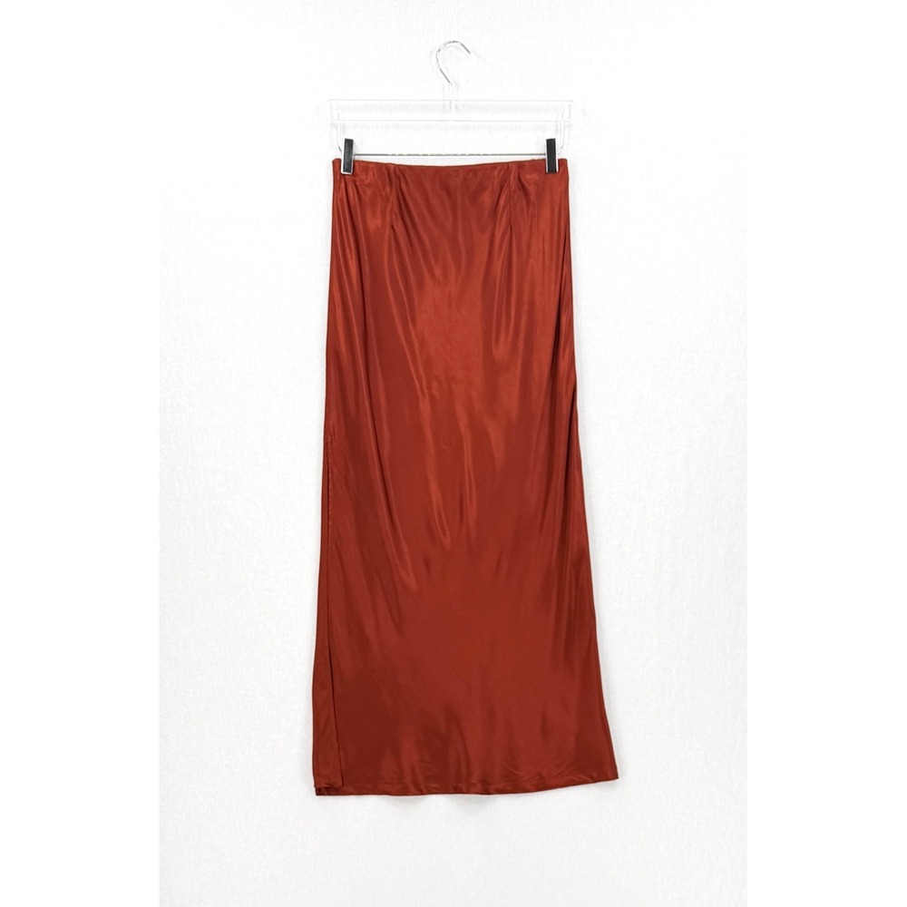ENZA COSTA Satin Bias Slip Skirt Womens Large Umber Rust Midi Maxi Side Slit NEW - Picture 6 of 16